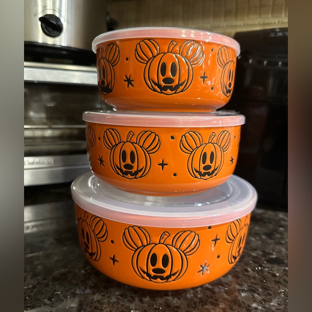 Disney Ceramic Jack O Lantern Halloween Bowls with Vented Lids - Set of 3